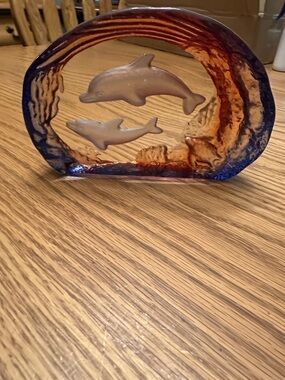 Glass Dolphin Figurine in Amber and Blue - Decorative Home Accent